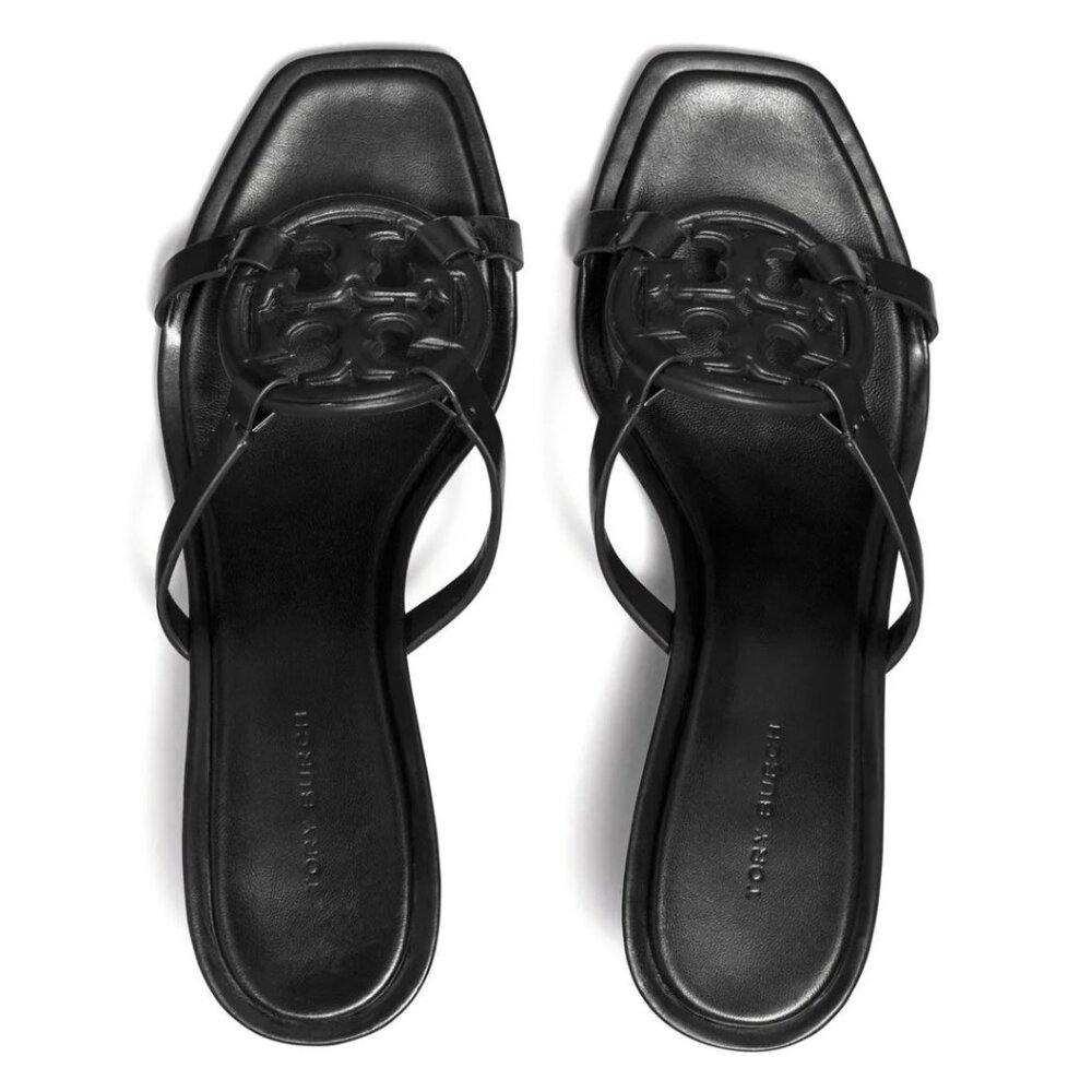 Tory Burch Geo Bombe Miller Leather Black Gold Heeled Sandals- Size 8.5 - Picture 4 of 15